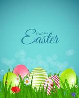 Happy Easter Natural Background with Eggs, grass, flower. Vector Illustration