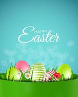 Happy Easter Natural Background with Eggs, grass, flower. Vector Illustration