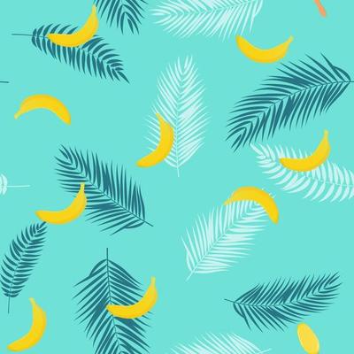 Beautifil Summer Seamless Pattern Background with Palm Tree Leaf Silhouette, Banana and Ice Cream. Vector Illustration