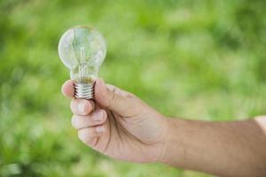 human hand holding transparent light bulb against green backdrop photo