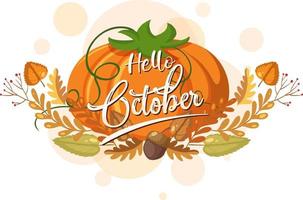 Hello October logo with ornamental autumn leaf vector