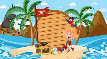 Pirate girl at the beach daytime scene with an empty banner template vector