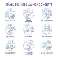 Small business launch concept icons set. Modern instruments of startup boosting. Marketing and business strategy idea thin line color illustrations. Vector isolated outline drawings