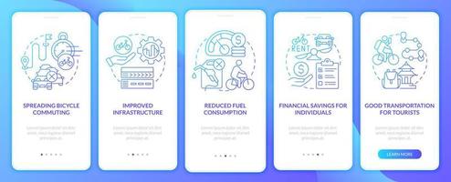 Bike-share pros onboarding mobile app page screen. Spreading bicycle commuting walkthrough 5 steps graphic instructions with concepts. UI, UX, GUI vector template with linear color illustrations