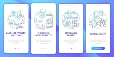 Scooter-share pros onboarding mobile app page screen. Last-mile problem solution walkthrough 4 steps graphic instructions with concepts. UI, UX, GUI vector template with linear color illustrations