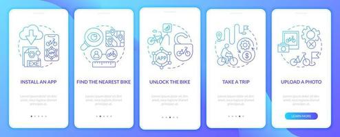 pantalla de la página de la aplicación móvil de incorporación de la guía de bicicletas compartidas. Desbloqueo de bicicletas tutorial 5 pasos instrucciones gráficas con conceptos. ui, ux, plantilla de vector de interfaz gráfica de usuario con ilustraciones en color lineal