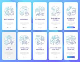 conjunto de pantallas de la página de la aplicación móvil de incorporación del sistema de bicicletas compartidas. alquiler de bicicletas tutorial 5 pasos instrucciones gráficas con conceptos. ui, ux, plantilla de vector de interfaz gráfica de usuario con ilustraciones en color lineal