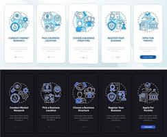 Business development tips onboarding mobile app page screen. Startup walkthrough 5 steps graphic instructions with concepts. UI, UX, GUI vector template with linear night and day mode illustrations