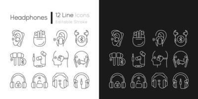 Different types of headphones linear icons set for dark and light mode. Earphones for listening music and calls. Customizable thin line symbols. Isolated vector outline illustrations. Editable stroke