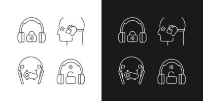 Iconos lineales de auriculares inalámbricos establecidos para el modo oscuro y claro. Auriculares intrauditivos profesionales. dispositivo manos libres. símbolos de línea fina personalizables. ilustraciones de contorno de vector aislado. trazo editable