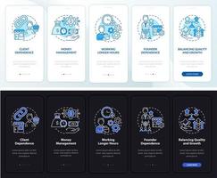 consejos de organización empresarial incorporación de la pantalla de la página de la aplicación móvil. Tutorial del proyecto Instrucciones gráficas de 5 pasos con conceptos. ui, ux, plantilla de vector de interfaz gráfica de usuario con ilustraciones lineales en modo día y noche