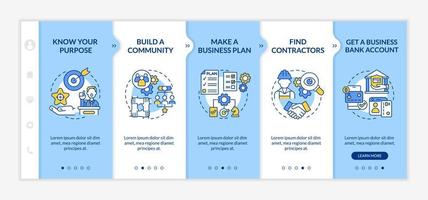 Small business launching tips onboarding vector template. Responsive mobile website with icons. Web page walkthrough 5 step screens. Startup color concept with linear illustrations
