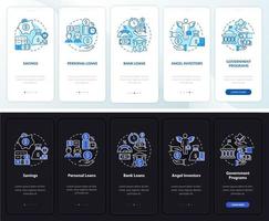 consejos financieros empresariales incorporación de la pantalla de la página de la aplicación móvil. tutorial de inicio 5 pasos instrucciones gráficas con conceptos. ui, ux, plantilla de vector de interfaz gráfica de usuario con ilustraciones lineales en modo día y noche