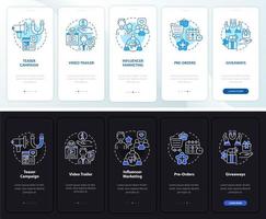 consejos para impulsar pequeñas empresas al incorporar la pantalla de la página de la aplicación móvil. tutorial de inicio 5 pasos instrucciones gráficas con conceptos. ui, ux, plantilla de vector de interfaz gráfica de usuario con ilustraciones lineales en modo día y noche