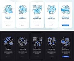 consejos de lanzamiento de empresas para la incorporación de la pantalla de la página de la aplicación móvil. tutorial de inicio 5 pasos instrucciones gráficas con conceptos. ui, ux, plantilla de vector de interfaz gráfica de usuario con ilustraciones lineales en modo día y noche