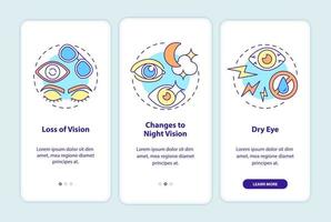 Side effects onboarding mobile app page screen. Eye surgery risks walkthrough 3 steps graphic instructions with concepts. UI, UX, GUI vector template with linear color illustrations