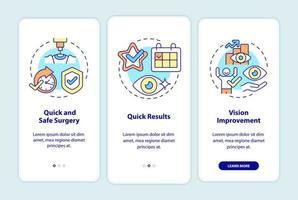 Ventajas de la pantalla de la página de la aplicación móvil incorporada a la cirugía ocular con láser. Tutorial de cirugía de visión Instrucciones gráficas de 3 pasos con conceptos. ui, ux, plantilla de vector de interfaz gráfica de usuario con ilustraciones en color lineal