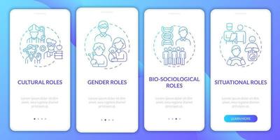 Community roles blue gradient onboarding mobile app page screen. Cultural position walkthrough 4 steps graphic instructions with concepts. UI, UX, GUI vector template with linear color illustrations