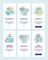 problemas a tratar con el conjunto de pantallas de la página de la aplicación móvil de incorporación láser. tutorial de cirugía 6 pasos instrucciones gráficas con conceptos. ui, ux, plantilla de vector de interfaz gráfica de usuario con ilustraciones en color lineal