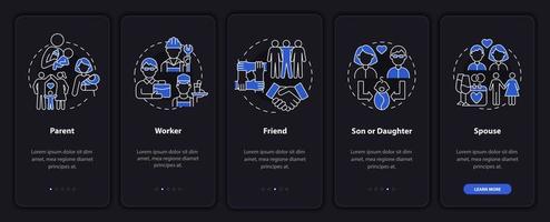 Social role example onboarding mobile app page screen. Role in community walkthrough 5 steps graphic instructions with concepts. UI, UX, GUI vector template with linear night mode illustrations