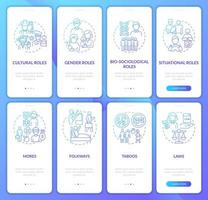 Roles and norms blue gradient set onboarding mobile app page screen. Social function walkthrough 8 steps graphic instructions with concepts. UI, UX, GUI vector template with linear color illustrations