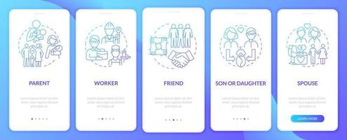 Social roles example blue gradient onboarding mobile app page screen. Position walkthrough 4 steps graphic instructions with concepts. UI, UX, GUI vector template with linear color illustrations