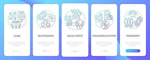 Participation examples blue gradient onboarding mobile app page screen. Activity walkthrough 4 steps graphic instructions with concepts. UI, UX, GUI vector template with linear color illustrations