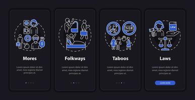 Moral norms onboarding mobile app page screen. Social behavior expectation walkthrough 5 steps graphic instructions with concepts. UI, UX, GUI vector template with linear night mode illustrations