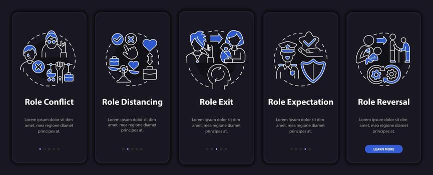 Social function concept onboarding mobile app page screen. Community activity walkthrough 5 steps graphic instructions with concepts. UI, UX, GUI vector template with linear night mode illustrations