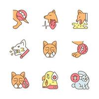 Domestic animal disease RGB color icons set. Pets health problems. Infectious illness. Virus infections. Isolated vector illustrations. Simple filled line drawings collection. Editable stroke