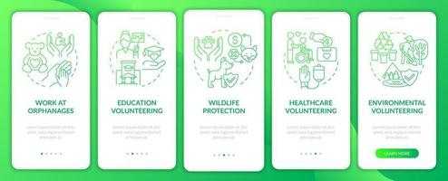 Charity work green gradient onboarding mobile app page screen. Participation walkthrough 4 steps graphic instructions with concepts. UI, UX, GUI vector template with linear color illustrations