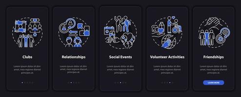 Social participation example onboarding mobile app page screen. Cooperation walkthrough 5 steps graphic instructions with concepts. UI, UX, GUI vector template with linear night mode illustrations