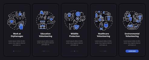 Volunteering work types onboarding mobile app page screen. Charity actions walkthrough 5 steps graphic instructions with concepts. UI, UX, GUI vector template with linear night mode illustrations