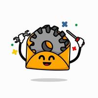 email setting concept. isolated cute mail cartoon face vector with cog gear inside and holding wrench both hands illustration