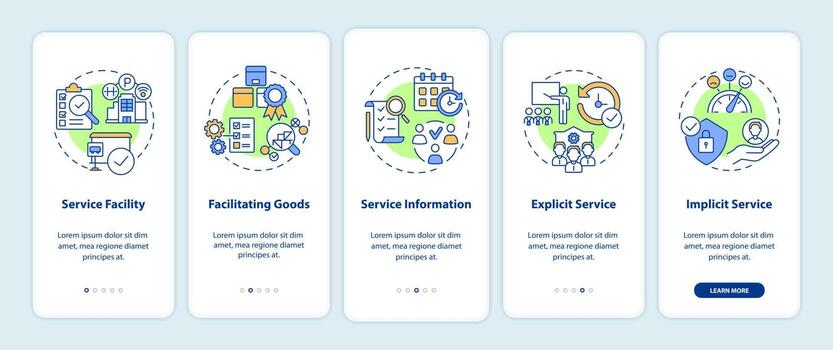 Service characteristics onboarding mobile app page screen. Operation management walkthrough 5 steps graphic instructions with concepts. UI, UX, GUI vector template with linear color illustrations