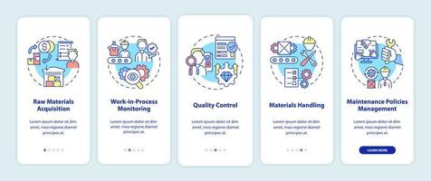 Operations managers duties onboarding mobile app page screen. Business walkthrough 5 steps graphic instructions with concepts. UI, UX, GUI vector template with linear color illustrations
