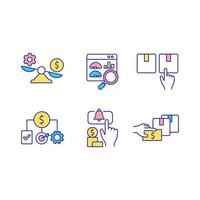Business commerce RGB color icons set. Financial operations for company profit. Setting prices. Economic strategy. Isolated vector illustrations. Simple filled line drawings collection