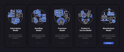 tipos de modelos de negocio pantalla de la página de la aplicación móvil de incorporación negra. tutorial de comercio 5 pasos instrucciones gráficas con conceptos. ui, ux, plantilla de vector de interfaz gráfica de usuario con ilustraciones de modo nocturno