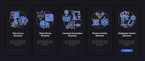 Successful business models black onboarding mobile app page screen. Company structure walkthrough 5 steps graphic instructions with concepts. UI, UX, GUI vector template with night mode illustrations