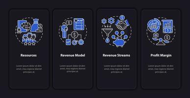 Business model essentials black onboarding mobile app page screen. Company finance walkthrough 4 steps graphic instructions with concepts. UI, UX, GUI vector template with night mode illustrations