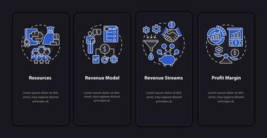 Business model essentials black onboarding mobile app page screen. Company finance walkthrough 4 steps graphic instructions with concepts. UI, UX, GUI vector template with night mode illustrations