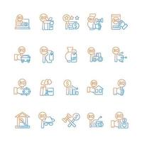 Auction gradient linear vector icons set. Competitive bargaining. Bidding for item. Public sales. Selling property, antique. Thin line contour symbols bundle. Isolated outline illustrations collection