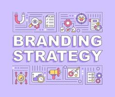 Branding strategy word concepts banner. Marketing for business. Infographics with linear icons on purple background. Isolated creative typography. Vector outline color illustration with text