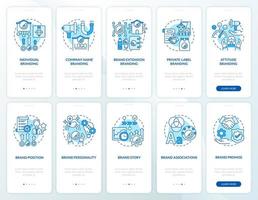 Brand planning blue onboarding mobile app page screen set. Business strategy walkthrough 5 steps graphic instructions with concepts. UI, UX, GUI vector template with linear color illustrations