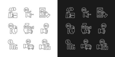 Types of auctions linear icons set for dark and light mode. Auctioneer. Bidding for vehicles and fine art. Customizable thin line symbols. Isolated vector outline illustrations. Editable stroke