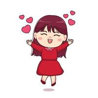 Valentine day love sign girl with red dress cute kawaii chibi character design vector