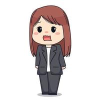 Linda empresaria con traje formal, expresión de choque, diseño de personajes kawaii chibi vector