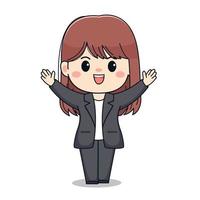 Cute businesswoman with formal suit hands up kawaii chibi character design vector