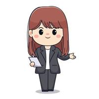 Cute businesswoman with paper or tablet and formal suit kawaii chibi character design vector