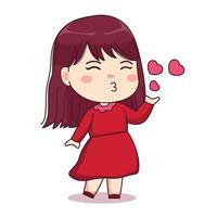 Valentine day girl love kiss with red dress cute kawaii chibi character design vector